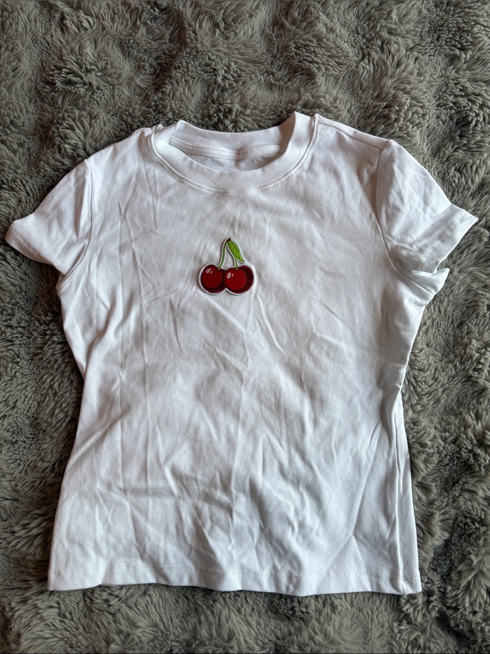 White Baby Tee with Cherry Patch - Brand Unknown
